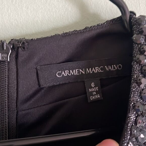 Carmen Marc Valvo Black Beaded Sequin Evening Formal Gown Dress 6 - Picture 4 of 7